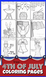 Teach kids about American patriotic symbols and our indepence day this fourth of july with these super cute, 4th of July Coloring Pages.  Use these fourth of july coloring pages with toddler, preschool, kindergarten and elementary age kids in first grade, 2nd garde, 3rd grade, 4th graders and up. Simply download pdf file with statue of liberty, American flag, liberty bell, eagle, grill, fireworks, Uncle Sam, fife & drum, balloons, and more 4th of july coloring sheets for a NO PREP 4th of July activity for kids! 