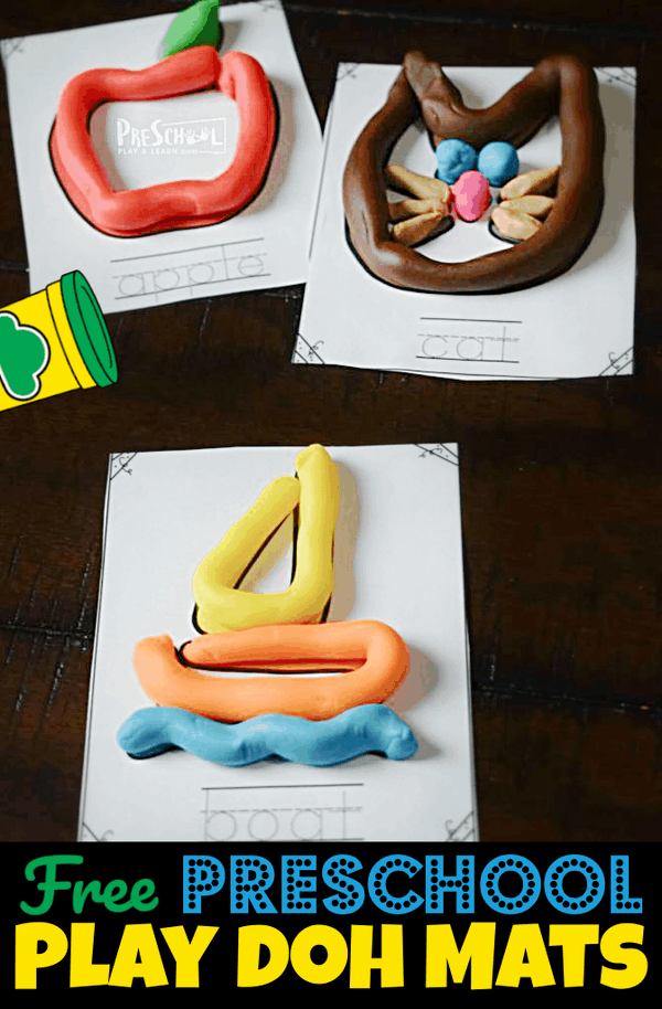 Kids will have fun strengthening hand muscles and practicing visual discrimination while using these adorable Playdough Mats. Included in this set of printable playdough mats are several common items for toddler, preschool, pre-k, kindergarten, and first graders to make. The playdoh mats include cat, apple, boat, butterfly, car, flower, sun, smile, and more.  Simply print pdf file with dough mats and you are ready to play and learn!