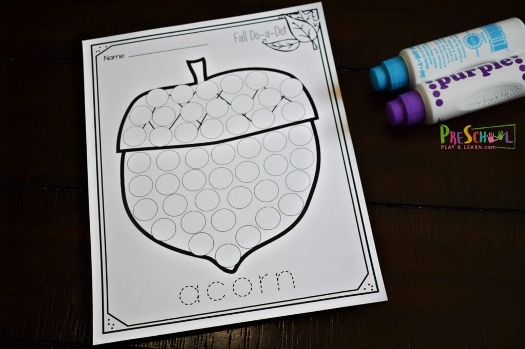 acorn bingo dauber printable for preschoolers, toddlers, and kindergartners