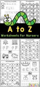 Help young children learn their ABCs with these free printable alphabet worksheets for nursery! This set of A to Z worksheet for nursery pack allows kids to strengthening literacy and fine motor skills while helping them learn about the uppercase and lowercase letters of the alphabet. Simply print a to z alphabet worksheet for nursery and you are ready to play and learn with toddler, pre-k, and kindergarten age children. Plus these nursery english alphabets worksheets are FREE!