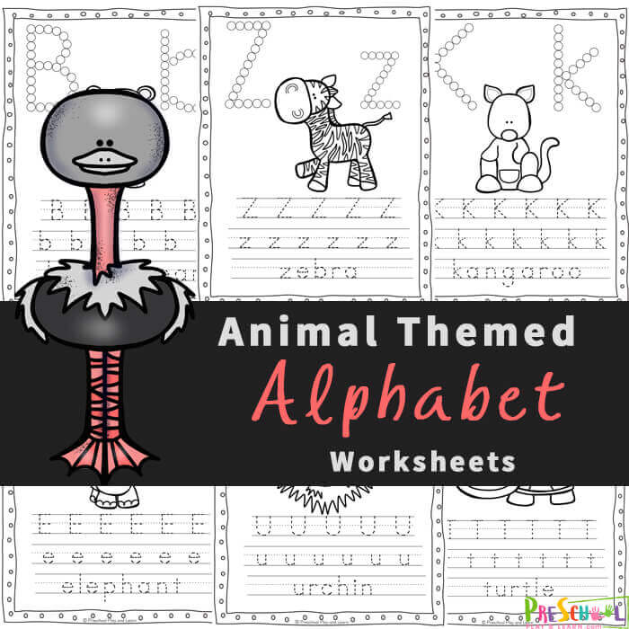 Make learning alphabet letters fun with these free printable, Animal Alphabet Worksheets for Preschoolers. These abc worksheets help preschool, pre k, kindergarten, and first grade students work on letter recognition while learning about different animals. Each of these alphabet worksheets practicing identifying both upper and lowercase letters, alphabet tracing, and fine motor skills too! Download pdf file with animal printables and get ready for no prep free preschool worksheets.