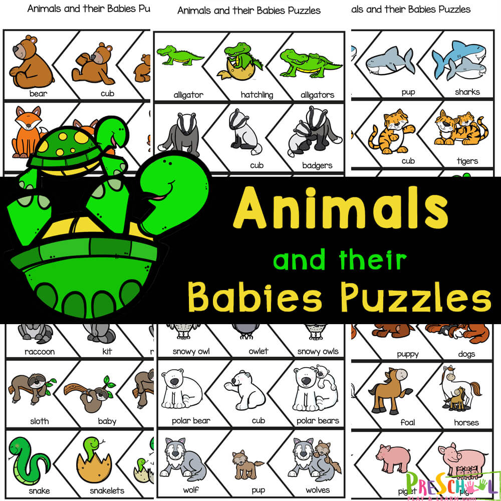 Learn about animals with their babies names with this animal printable puzzles! Simply print to play and learn about moms and children.