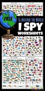 Help kids start to learn about countries around the world with these super cute, free printable I spy worksheets. There are over 36 i spy printables for toddler, preschool, pre-k, kindergarten, first grade, and 2nd grade students to complete.  Using these I Spy Printable Worksheets children will love learning about countries for kids and their famous landmarks and icons about while working on their counting skills. Simply download pdf file with i spy free printables and you are ready to play and learn!