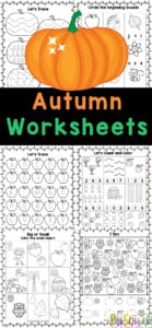 Make practicing math and litearcy skills fun for kids by using these free Autumn worksheets for preschoolers! These fall worksheet for preschool combine cute clipart with important pre-k skills for no-prep educational activities kids will beg to do! 