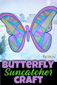 Celebrate the arrival of spring with a pretty butterfly craft! This cheery butterfly suncatcher is super simple to make with our butterfly printable and makes a lovely decoration to brighten your window.  This sunctacher craft for preschoolers is such a fun spring craft for toddler, preschool, pre-k, kindergarten, and first grade students that requires no prep and no special materials! Simply print pdf file with butterfly coloring page and you are ready to make a beautiful butterfly craft for preschoolers. 