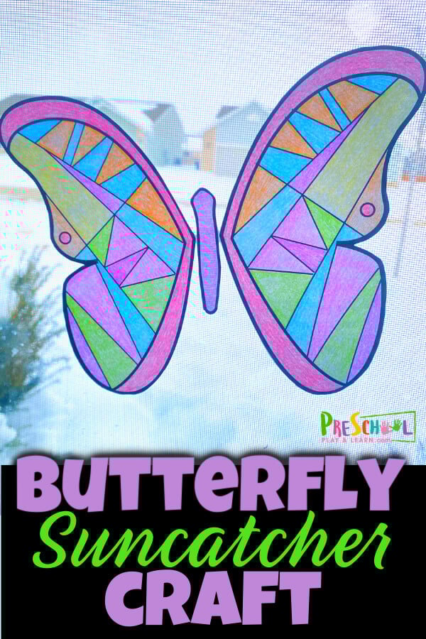 Celebrate the arrival of spring with a pretty butterfly craft! This cheery butterfly suncatcher is super simple to make with our butterfly printable and makes a lovely decoration to brighten your window.  This sunctacher craft for preschoolers is such a fun spring craft for toddler, preschool, pre-k, kindergarten, and first grade students that requires no prep and no special materials! Simply print pdf file with butterfly coloring page and you are ready to make a beautiful butterfly craft for preschoolers. 