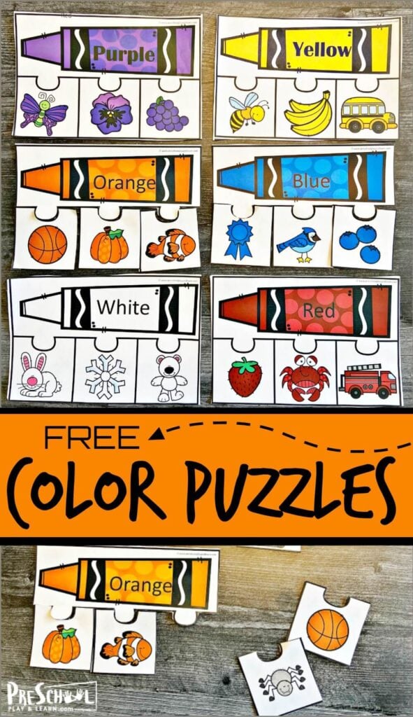 Help toddler, preschool, pre-k, and kindergarten age children work on color recognition with this color activity for preschoolers. This colors printable is such a fun way for kids to learn basic colors and color names too. These printable color puzzles are a preschool color activities free. Simply print pdf file with learning colors printables, print, and put together the puzzles to learn preschool colors of red, yellow, orange, pink, white, brown, black, green, and purple.