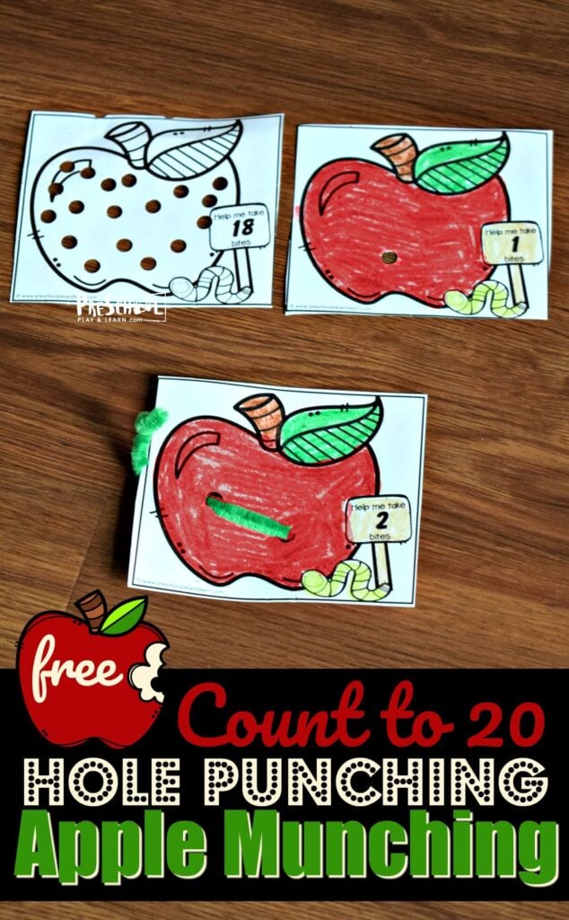 FREE Count to 20 Hole Punching Apple Munching - such a fun, hands on math activity for preschool, prek, and kindergarten age kids to practice counting with a fun September / fall theme #counting #preschool #kindergarten