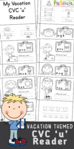 Figure out what to pack in your suitcase for your next "trip" with this fun, free printable Vacation Theme CVC Words Short u reader. This cvc short u is a great way to help preschool, pre-k, kindergarten, and first grade students to practice the phonics skills they've been learning on letter sounds, beginning sounds, middle sounds, and ending sounds to make words!