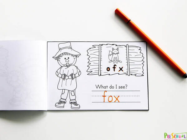 Fall Scarecrow themed CVC Words Printables to practice phonics skills. Help Unscramble the letters to spell the image on the hay stack