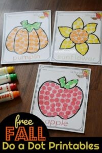 Kids will have fun using bingo daubers to strengthen fine motor skills as they make fall themed pictures with these free do a dot printables. You can also use these as sticker worksheets and make a pumpkin, sunflower, apple, acorn, and leaf picture with these do a dot printables fall.  These is a fun activity for toddler, preschool, pre k and kindergarten age children.