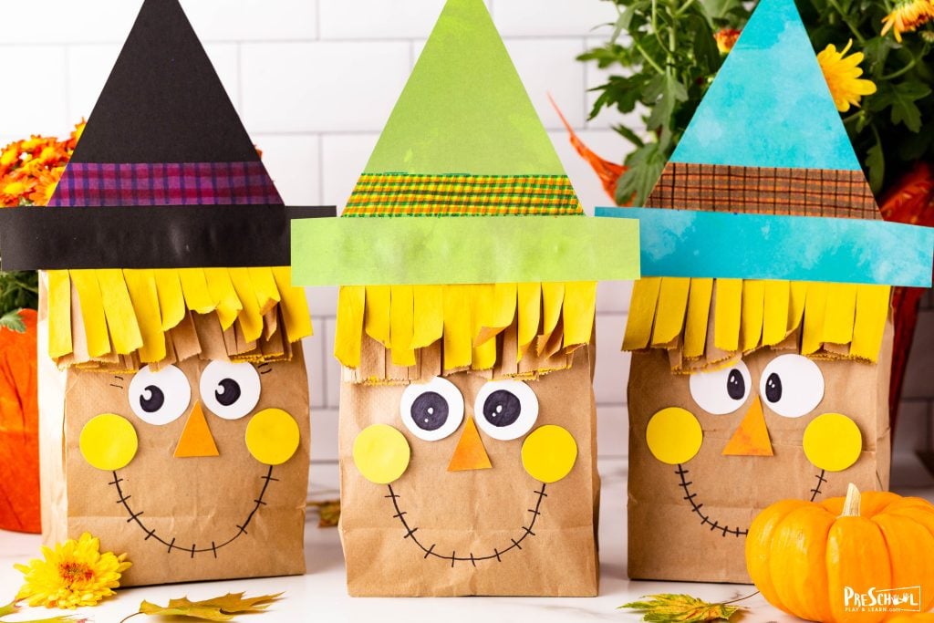Create an adorable scarecrow craft with a paper bag—perfect for preschoolers to celebrate fall and farm themes!