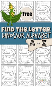 Make practicing learning lowercase letters fun with this dinosaur alphabet printable for toddler, preschool, pre k, and kindergarten age students. Simply print the pdf file with our dinosaur themed find the letter worksheet with space to letter trace and use bingo daubers to complete the do a dot printable as you work on the letter find. 