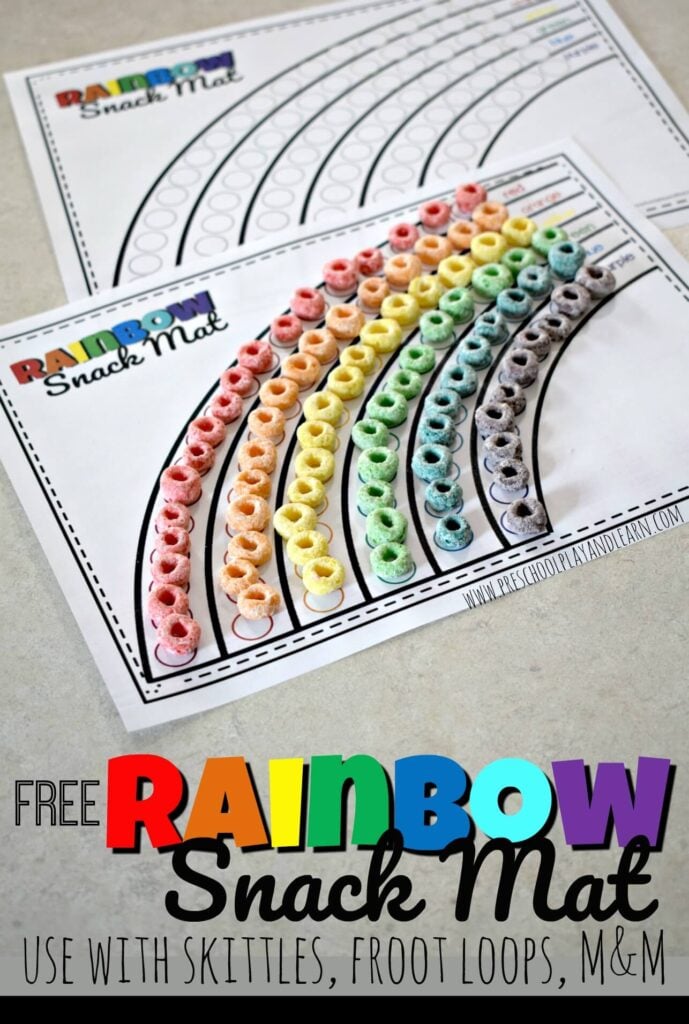 Make learning colors fun with this hands-on color matching game. This super cute, free fruit loop rainbow printable helps toddler, preschool, pre-k, and kindergarten age children work on color recognition, 1:1 correspondence, pincer grasp and more! Use this as simple rainbow activities for preschoolers to add to your next spring theme, weather theme, St patricks day theme, or rainbow theme. Simply print pdf file withย rainbow printable and you are ready to play and learn with this free pritnable rainbow snack mat! Make learning colors fun with this hands-on color matching game. This super cute, free fruit loop rainbow printable helps toddler, preschool, pre-k, and kindergarten age children work on color recognition, 1:1 correspondence, pincer grasp and more! Use this as simple rainbow activities for preschoolers to add to your next spring theme, weather theme, St patricks day theme, or rainbow theme. Simply print pdf file withย rainbow printable and you are ready to play and learn with this free pritnable rainbow snack mat!