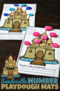 FREE Sandcastle Number Playdough Mats - this free printable activity is a fun way for toddler, preschool, and kindergarten age kids to practice numbers 1-15 with a fun summer twist #preschool #playdoughmats #mathactivity