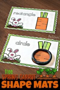 FREE Spring Carrot Shape Mats - this super cute spring or easter themed activity is a great, hands on way for toddler, preschool, and kindergarten age kids to learn shapes #shapes #preschool #playdoughmats