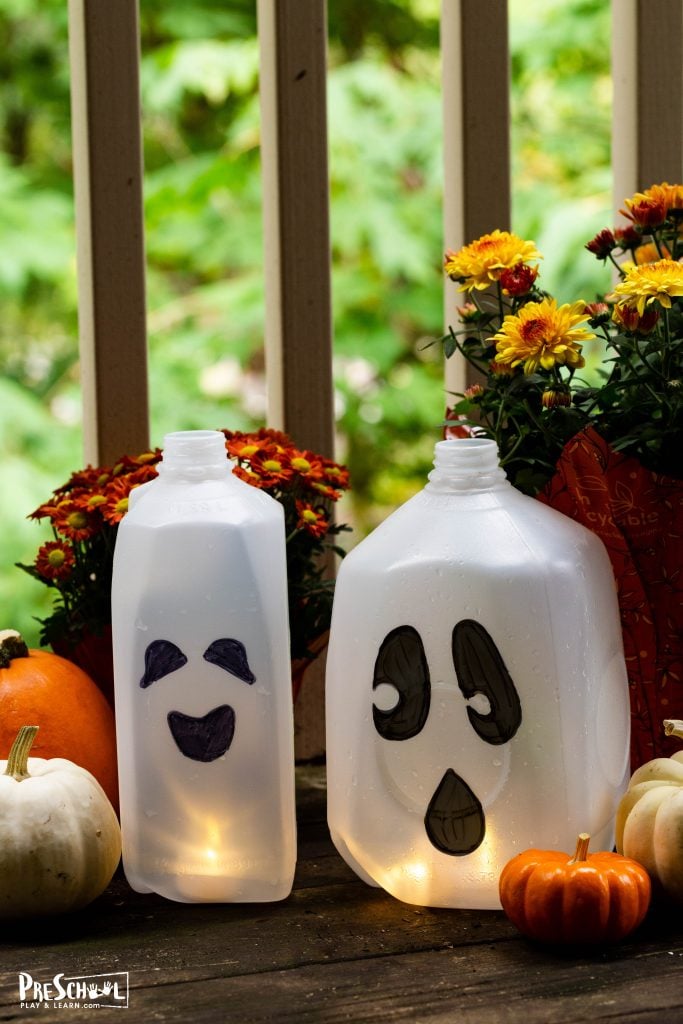 Finally, turn on the battery-operated tea lights and carefully place them inside the milk jug. Find a dark room and watch as they illuminate beautifully! Now, it’s time to decide where to showcase your glowing creation—will it be in the bedroom, kitchen, living room, or maybe on the front porch? You could even line your sidewalk with them to light up the trick-or-treat path!