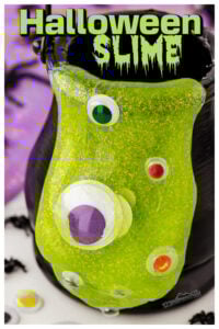 Make this fun halloween slime with kids in October! This halloween slime recipe in quick and easy to make with just 2 ingredients! For this DIY halloween slime you can use google eyes, spiders, and other fun ideas to make play extra fun with this halloween activity for kids from toddler, preschool, pre-k, kindergarten, first grade, 2nd grade, 3rd grade, 4th grade, and up!