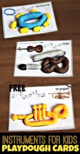 FREE Instruments for Kids Playdough Cards - these playdough mats are a fun way for toddler, preschool, kindergarten, and first grade kids to learn about musical instruments while having fun! #playdough #musicforkids #playdoughmats
