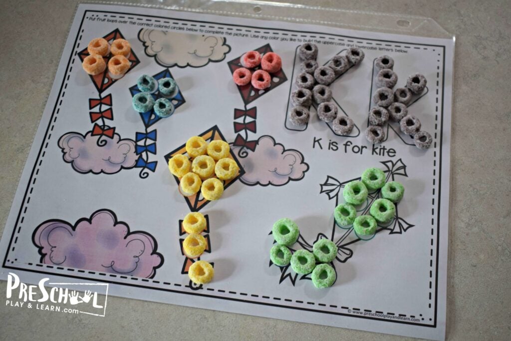 K is for kite worksheet to help with learning colors