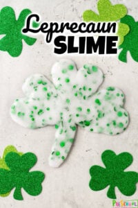 Kids can't wait to get their hands on this St Patricks Day Slime - it is a fun st patricks day activity! Whip up a batch of this EASY clear slime recipe with green sequins that is so EPIC to play with. Use this  st patrick's day activities for toddlers, preschoolers, kindergartners, and grade 1 students! 