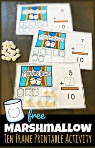 Kids will be excited to practice math with this fun, Marshmallow Ten Frame Activity. Grab a bag of mini marshmallows and our free printable!  Such a fun summer math activity for toddler, preschool, pre k, and kindergarten age students.
