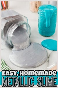 Looking for a fun, new homemade slime recipe? This eye-catching silver slime is quick and easy to make! Use this metallic slime with kids of all ages from preschool, pre-k, kindergarten, first grade, 2nd grade, and up. Not only will kids have fun playing with this diy slime recipe but they will work on strengthening hand muscles, exporing science principles, and more!