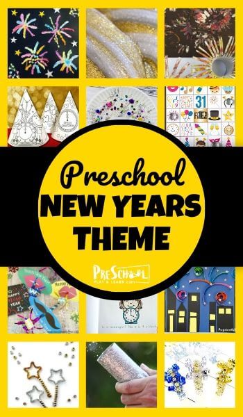 Preschool New Years Theme - tons of fun crafts, activities, math activities literacy ideas, and new years eve printables for prek kids with afun new years theme #preschoolthemes #prekthemes #newyearseveforkids