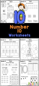 These super cute, free printable number 10 worksheets are a great way to start teaching preschool, pre-k, and kindergarten age kids about numbers! This pack of tracing number 10 worksheets are perfect for learning to recognize number three, understanding it’s value, and writing it too! Simply print the tracing number 10 and you are ready for a no-prep math activity for young learners.