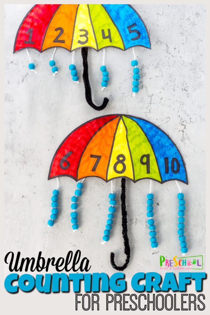 Spring is the perfect time to make cute counting crafts for preschoolers! This umbrella craft helps preschool, pre-k, and kindergarten age children practice counting while making and adorable umbrella craft. Use number crafts for preschoolers in your spring theme to make practicing numbers 1-10 fun and engaging. 