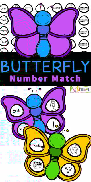 Toddler, preschool, prek, and kindergarten age kids will love this fun, and free Butterfly Number Match Activity. Kids will have fun strengthening counting skills and fine motor skills with the butterfly activity for preschoolers. This number sense activity focuses on the value and representation of numbers 1 to 10. Simply print pdf file with butterfly printable and you are ready to play and learn with this preschool butterfly activities. Toddler, preschool, prek, and kindergarten age kids will love this fun, and free Butterfly Number Match Activity. Kids will have fun strengthening counting skills and fine motor skills with the butterfly activity for preschoolers. This number sense activity focuses on the value and representation of numbers 1 to 10. Simply print pdf file with butterfly printable and you are ready to play and learn with this preschool butterfly activities.