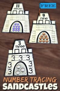FREE Number Tracing Sandcastles - kids will have fun practicing math with this fun, summer learning activity for preschool and kindergarten age kids! #numbers #preschool #kindergarten