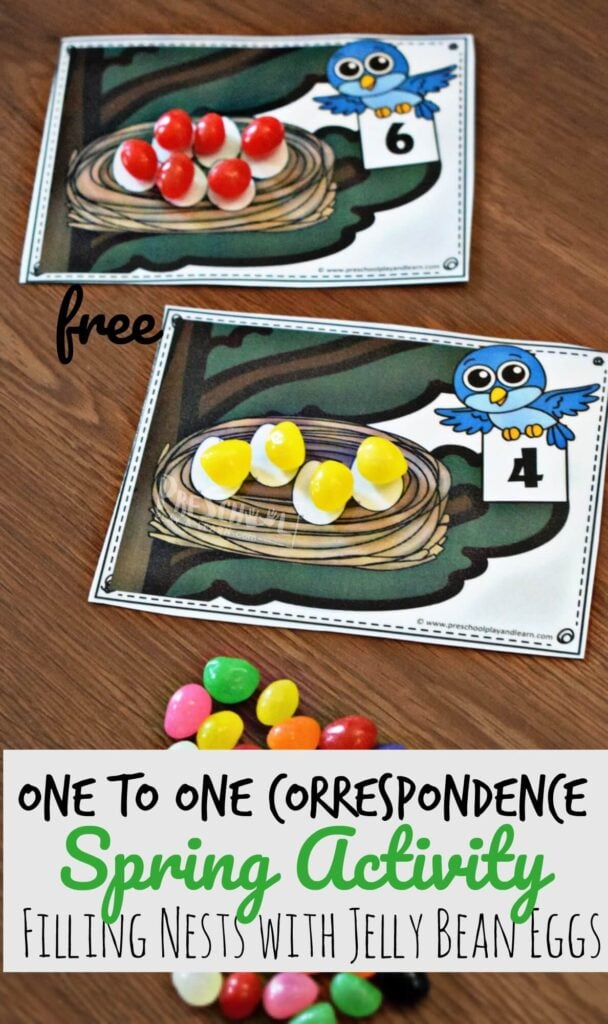 Kids will have fun practicing one to one correspondence with this fun spring counting that uses jelly beans! Children will add the correct number of "eggs" to each nest to match the numberal the blue bird is holding in this spring activities for preschoolers. This spring math is a fun, engaging way for toddler, preschool, pre-k, and kindergarten age children to practice counting to 10. Simply print pdf file with spring printables preschool  for a hands-on spring activities for kids.