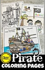 Do you have a little pirate fan in your crew? These super cute, pirate coloring pages will be a hit with your buchaneer as they get to color scenes from an exciting pirate life! These pirate pictures to colour are perfect for toddler, preschool, pre-k, kindergarte, first grade, and 2nd graders. THere are several pages of pirate coloring from pirate digging up treasure on an island to pirate life on a wooden pirate ship, and sailing as pirates of the caribean!  Simply download pdf file with pirate coloring sheets and you are ready to strengthen hand muscles and have fun with these free coloring pages!