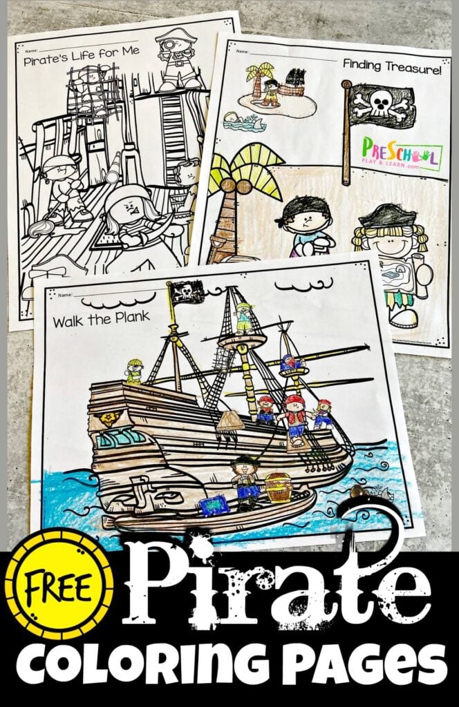 Do you have a little pirate fan in your crew? These super cute, pirate coloring pages will be a hit with your buchaneer as they get to color scenes from an exciting pirate life! These pirate pictures to colour are perfect for toddler, preschool, pre-k, kindergarte, first grade, and 2nd graders. THere are several pages of pirate coloring from pirate digging up treasure on an island to pirate life on a wooden pirate ship, and sailing as pirates of the caribean!  Simply download pdf file with pirate coloring sheets and you are ready to strengthen hand muscles and have fun with these free coloring pages!