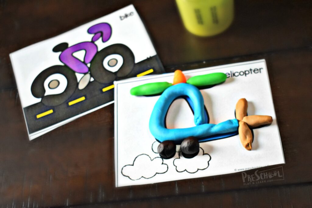 Bike and helicopter playdough mats for toddler, preschool, and kindergartners