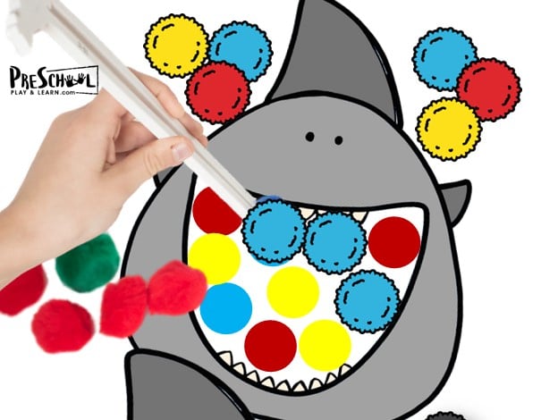 Shark Color, Sort, and Match Pom Pom Activity for Preschoolers