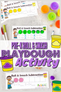 Preschoolers will be excited to work on pre-k math game that uses play dough! This playdough activity for preschoolers uses a fun subtraction activity with a fun, hands-on smash for learning how to subtract numbers from 10. This pre-k math activity is not only fun for preschool, but kindergarten age students too. Simply print pdf file with playdough mat and you are ready for a fun subtraction game.