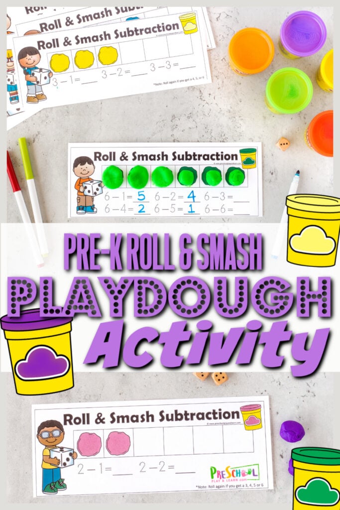 Preschoolers will be excited to work on pre-k math game that uses play dough! This playdough activity for preschoolers uses a fun subtraction activity with a fun, hands-on smash for learning how to subtract numbers from 10. This pre-k math activity is not only fun for preschool, but kindergarten age students too. Simply print pdf file with playdough mat and you are ready for a fun subtraction game.