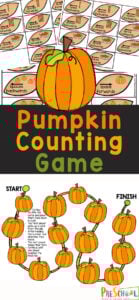 This Pumpkin Counting Game is a great way to work on counting from one through five while playing a fun game. We love sneaking in some fun number sense practice in October with pumpkin math. This pumpkin counting project is perfect for a pumpkin theme with preschool, kindergarten or even as a fun game for toddlers to learn how to count. Simply print the pumpkin printable and you are ready to try this pumpkin activity for preschoolers.