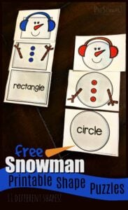 FREE Snowman Printable Shape Puzzles - this fun winter theme shape activity is perfect for preschool and kindergarten age kids to learn to identify shapes for kids and learn their names. #shapes #preschoolmath #snowmanprintable #education