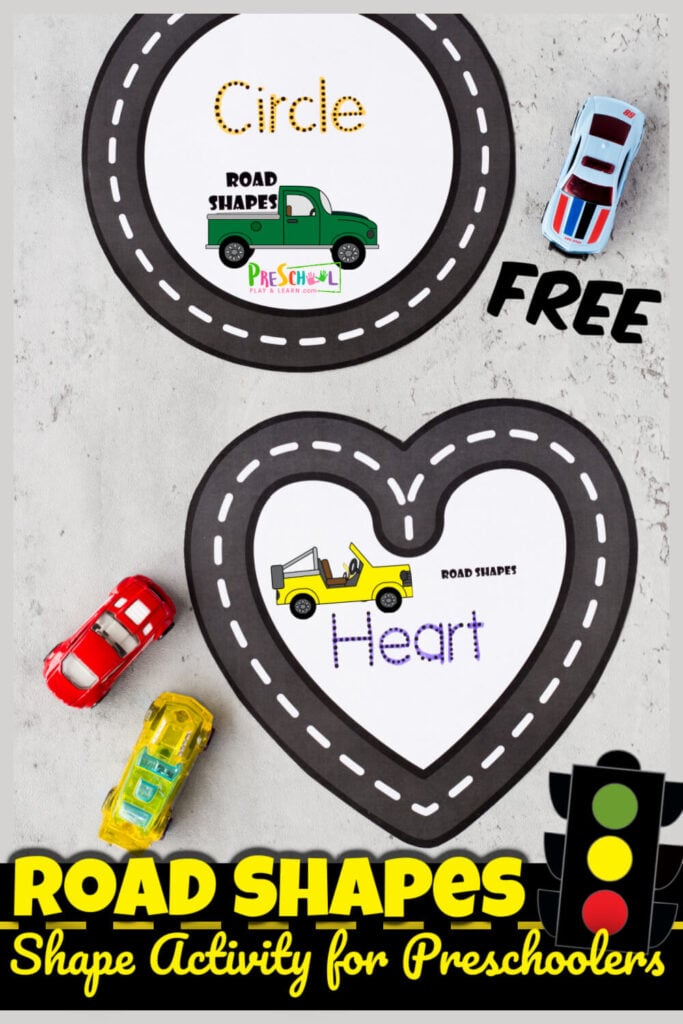 This outrageously fun shape activity for preschoolers uses our free printable road shape mats to practice making shapes and learning shape names too! The tracing shapes activity uses a hot wheel car to trace shape using these free printable Road Shape Mats. This learning shapes is such a fun, hands-on shape activities for kindergarten, pre-k, preschool, and toddler age students. Simply download pdf file with shape printables and you are ready to play and learn with this car activity for toddlers.
