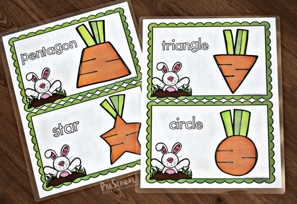 This super cute shapes for preschoolers printable is perfect for spring or Easter themed learning activity