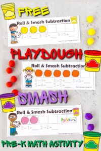 Outrageously FUN pre-k math activity to practice subtraction within 10 with Playdough Smash Game! Print FREE playdoh activity!