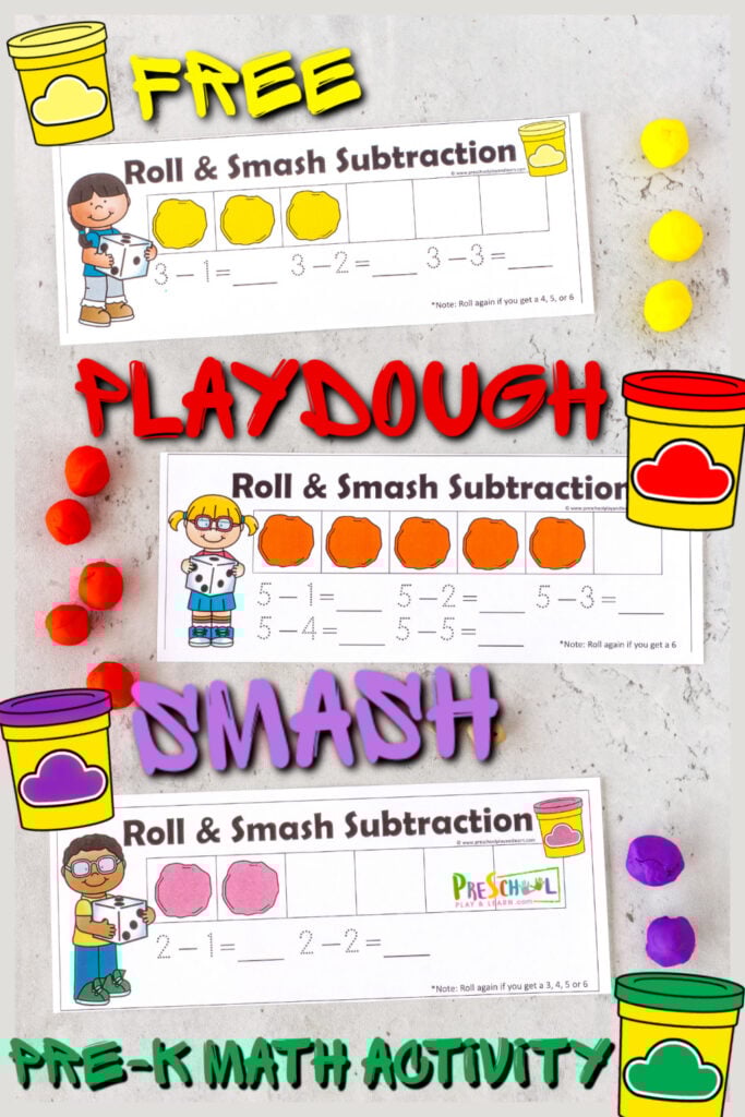 Outrageously FUN pre-k math activity to practice subtraction within 10 with Playdough Smash Game!FREE playdoh activity!