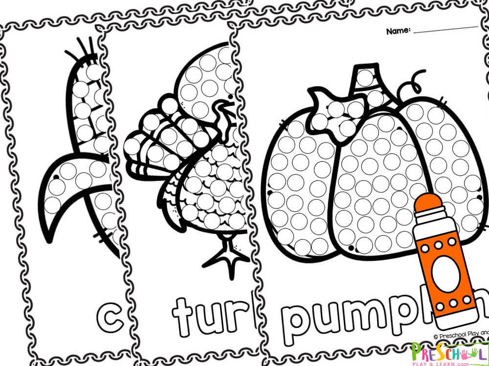 Each page consists of a large picture that reflects a type of object that is related to Thanksgiving and the name of the picture that can be traced or colored in. The pictures are: corn food basket horse house pilgrim hat pot over fire pumpkin bucket pie cooked turkey turkey (animal) cornucopia
