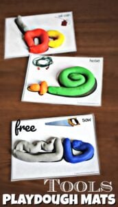 FREE Tools Playdough Mat - this free printable activity helps toddler, preschool, and kindergarten age kids learn about tools with a fun kids activity that also strengthens their hands #playdough #preschool #kindergarten