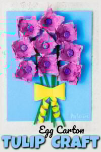 Make a beautiful spring tulip craft while recycling an old egg cartoon in this fun flower craft for kids. This tulip craft for kids is fun for all ages from preschool, pre-k, kindergarten, first grade, 2nd grade, 3rd grade, and up.  This is such a fun tulip craft idea to make a pretty bouquet of tulips for a mother's day craft or simply a flower craft for a spring craft for kids or flower theme.