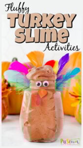 We are always on the look-out for fun, hands-on thanksgiving activities for November! This turkey slime is such a great recipe with so many fun, engaging turkey activities for preschool, pre-k, toddler, kindergarten, and first graders too!  So grab a couple simple materials and you are ready to play and learn this fall.