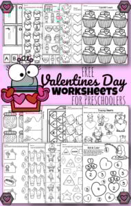 FREE Valentines Day Worksheets - these super cute free printables for preschool and kindergarten age kids help them practice counting, number recognition, alphabet letter, tracing upper and lowercase letters, patterns, graphing, phonemic awareness, colors, shapes, and so much more with NO PREP worksheets for preschoolers and kindergartners perfect for February #valentinesday #valentineprintables #preschool #kindergarten